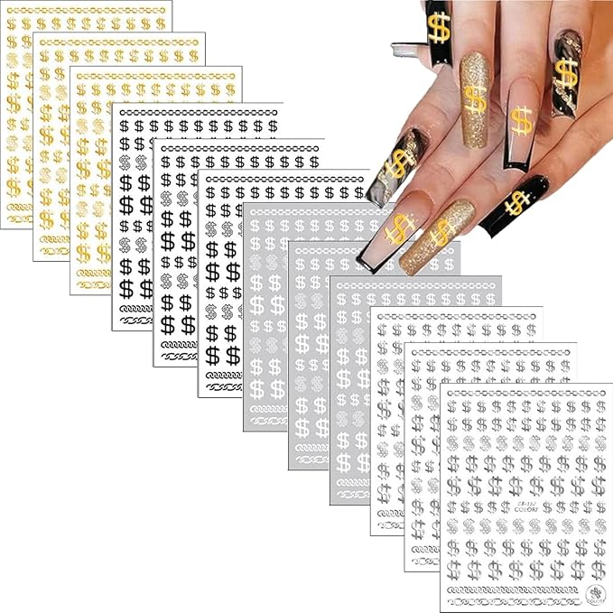 Dollar Nail Stickers 12Sheets Money Nail Art Stickers Decal 3D Self-Adhesive Money Dollar Nail Decals Pegatinas Uñas DIY Black White Gold Silver Design Nail Stickers for Women Girls Manicure…