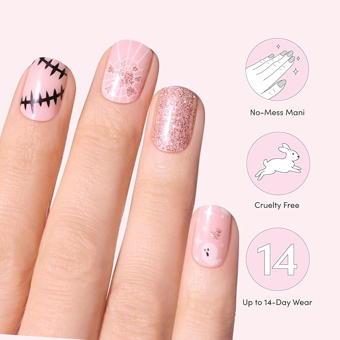 Dashing Diva Gloss Nail Strips - Kinda Cute, Kinda Scary - UV Free, Chip Resistant, Long Lasting Gel Stickers - 3-Piece Glow-in-The-Dark Manicure Set - Contains 32 Wraps, 1 Prep Pad, 1 File