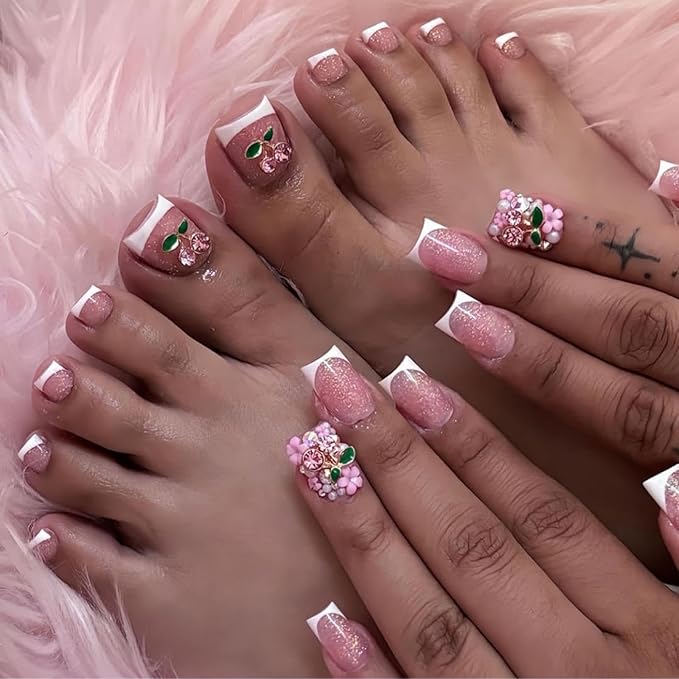 48Pcs White French Tips Press on Nails 3D Cherry Press on Toenails Medium Square Stick on Nails with Flower Charm Design Glossy Glitter Fake Nails Cute Summer False Toenails for Women DIY Manicure