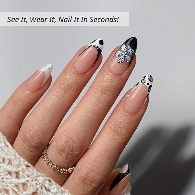 BTArtbox Press On Nails Medium - 3D Flower Almond French Tip Press On Nails with Glue for Women, Opaque Soft Gel Glue On Nails in 15 Sizes - 30 Stick On Nails Kit, Bessie & Bestie