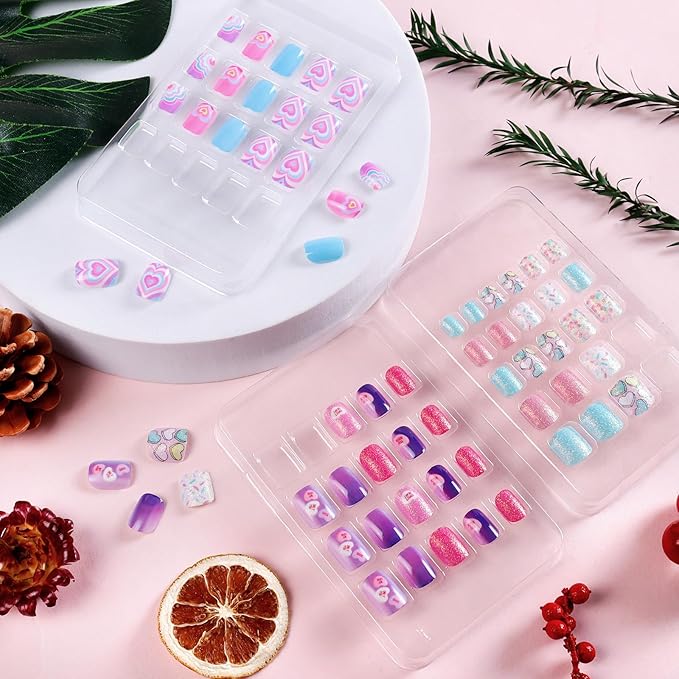 Laza Children Nails Press On Pre-glue Full Cover Sweet Glitter Love Gradient Short False Nail Kits for Kids Teenager Girls-Sweetie Hearts