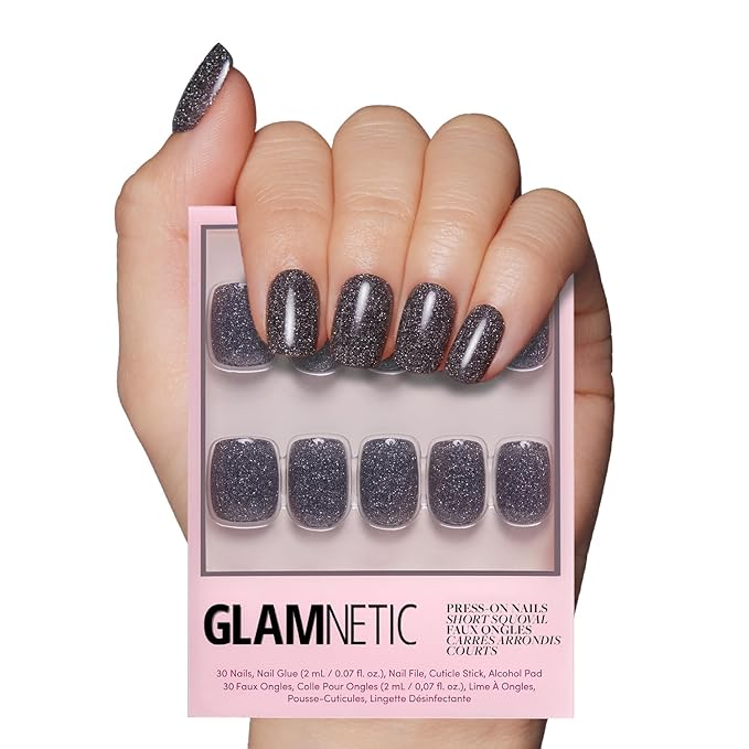 Glamnetic Press On Nails - Cosmic Fake Nails | Semi-Transparent Sparkly Black Short Squoval Fake Nails with a Glossy Finish, Salon Quality | 15 Sizes - 30 Nail Kit with Glue