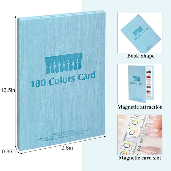 180 Magnetic Nail Color Book,Leather Magnetic Color Display Book with 192 Magnetic Tips & 1-180 Number Labels,Perfect for Nail Polish Nails Art Design(Blue)