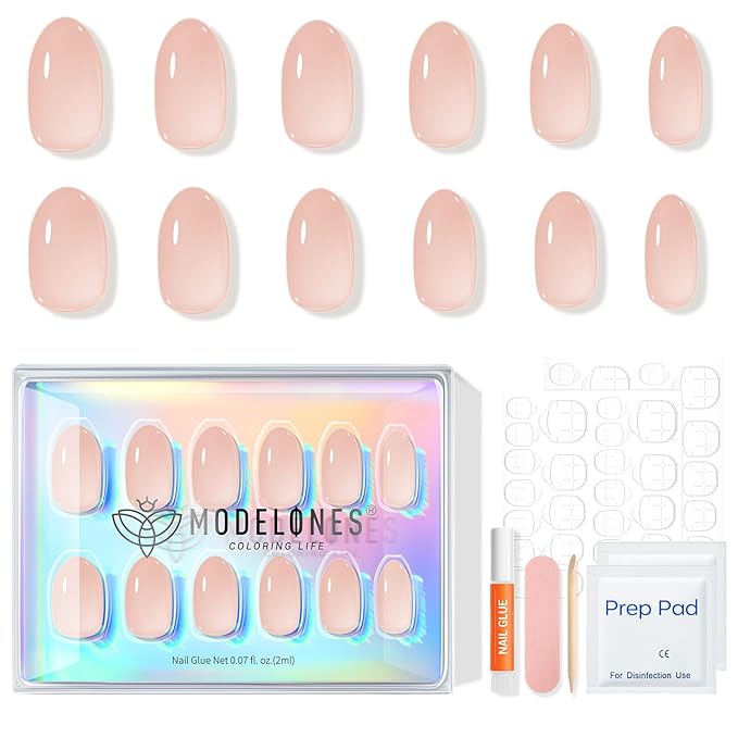 modelones Nude Short Press on Nails, Semi-Transparent Oval Fake Nails Kit Press Ons with Nail Glue, Adhesive Tabs, Nail File, Prep Pad, Manicure Stick, 32Pcs 16 Sizes, Spring Women Girl Gift