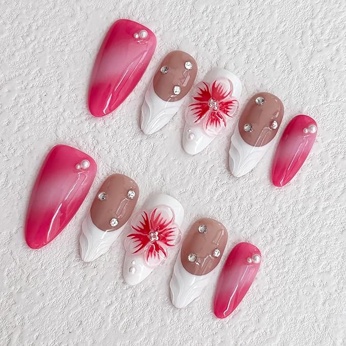 Luxury Press on Nails Medium Almond Handmade 3D Unique Reusable ABS Material Fake Nails White French Tip False Nails with Designs Flower Art Petal Pink Glossy Glue on Nails Thick Acrylic Nails(S)