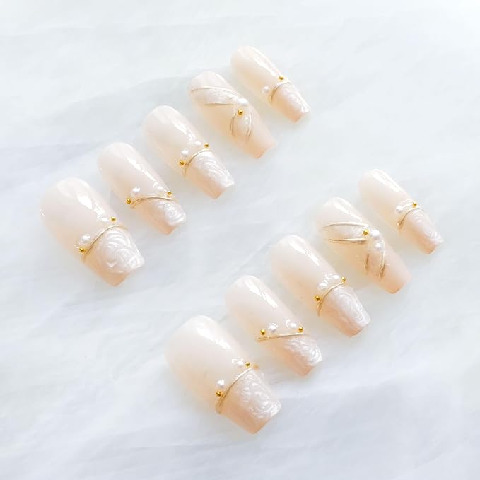 [GLORS] Luxury Pearl Press-on Nails, Long Ballerina Shape, Gold Accented Artificial Nails Set, Handmade False Nail 10 Pieces (Large, LS)