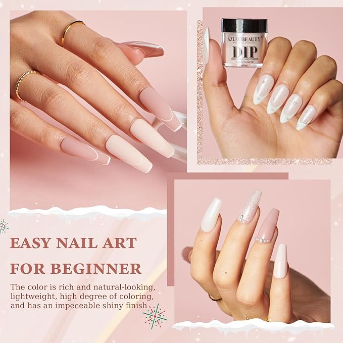 AZUREBEAUTY Dip Powder Nail Kit Starter, All Season Nude Skin Glitter 4 Colors Dipping Powder Liquid Set Recycling Tray with Base & Top Coat Activator for French Nail Art Manicure Salon DIY at Home.