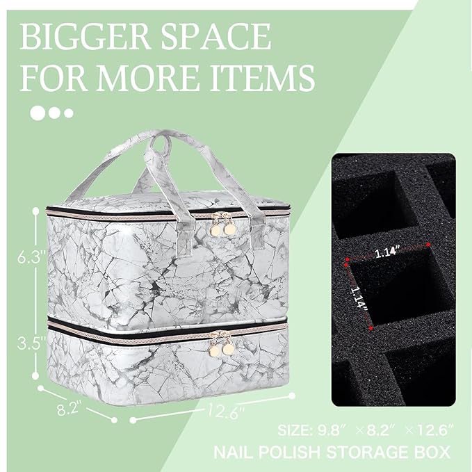 Nail Polish Organizer Hold 40+ Bottles & Nail Lamp, Storage Case Double-Layer Bag with Sturdy Handle (WHITE)