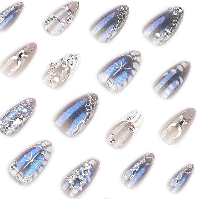 3D Silver French Star Press On Nails Light Blue, Chrome Short Almond – Cute Star & Pearl Silver Designs, Reusable Fake Nails Acrylic with Adhesive Tabs & Glue, Salon-Quality Manicure Kits