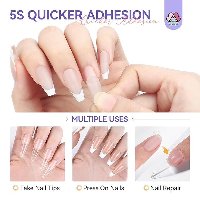 SAVILAND Nail Glue for Acrylic Nails Press On: 5S Fast-Drying Nail Glue Strong 0.18 Oz. Nail Tip Glue Extra Strength Nail Glue Castor Oil Vitamin E Hypoallergenic Nail Glue for Nail Tips No Cure Salon