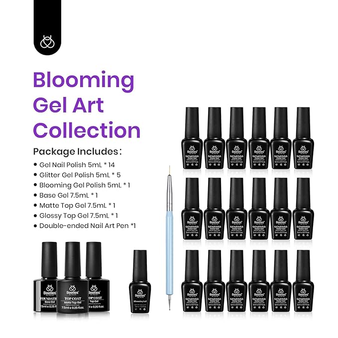 Beetles Gel Nail Polish with Blooming Gel -19 Colors Pink Green Blue Purple Neon Gel Nail Polish 3Pcs Base&Glossy Matte Top Coat,Clear Blooming Polish for Spreading Effect Soak off UV Nail Art Design