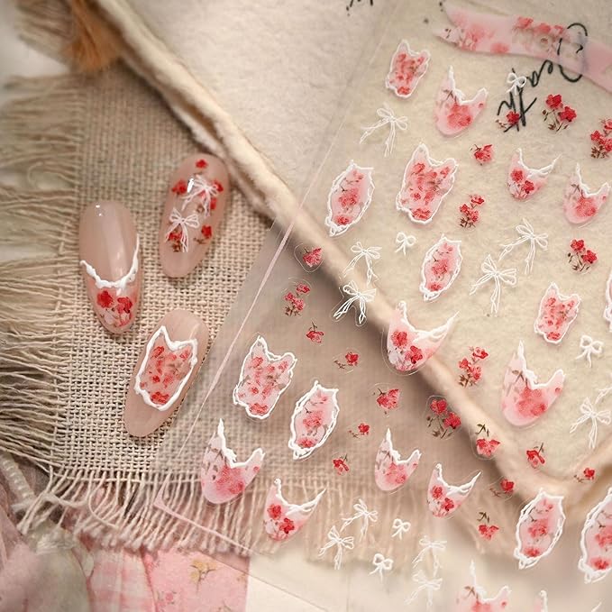 Flower Nail Stickers 5D Embossed White Bow Nail Decals French Tip Design Retro Floral Nails Designs Valentine's Day Nails Supplies for Women Girls DIY Manicure