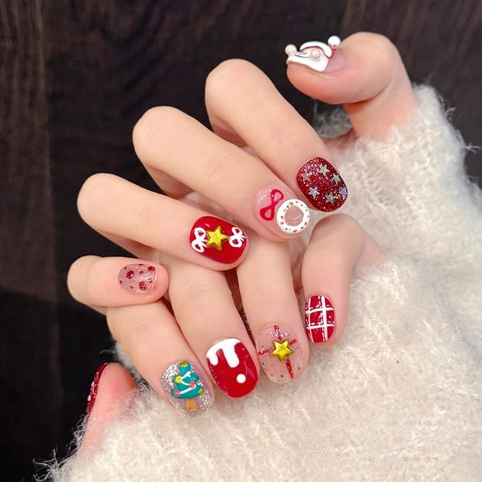 10Pcs Handmade Christmas Press on Nails Short Square Fake Nails Multi-Layer Acrylic False Nails with Snowman Snowflake Star Design Cute Handmade Nails Press ons Winter Xmas Glue on Nail for Women (M)