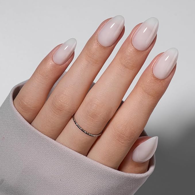 VSALON Almond Short Press On Nails, Milky White Light Curable Sheer Jelly Finish False Nails, Reusable Gel Glue on Nails Kit with Glue - 32 pcs in 16 Sizes