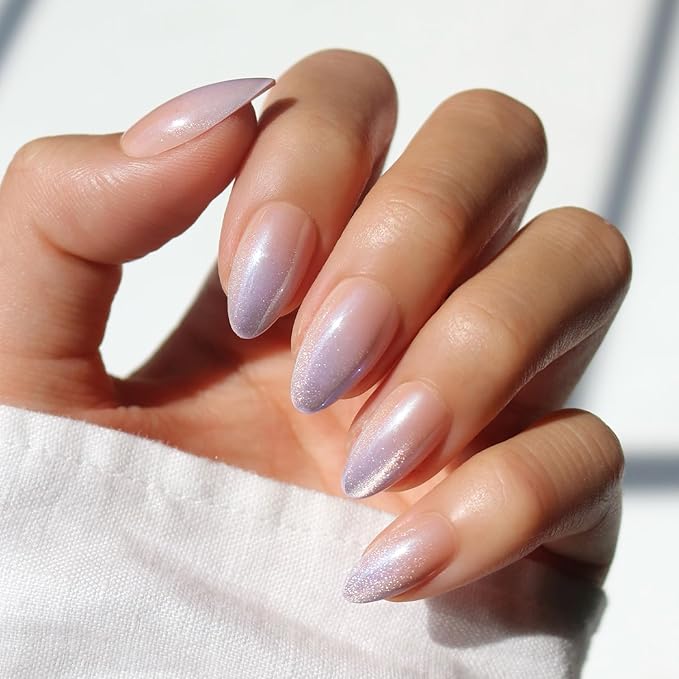 Glamnetic Press On Nails - Polar Day Fake Nails | Short Almond Fake Nails with Ombré Lilac Tips and Glossy Velvet Finish, Salon Quality | 15 Sizes - 30 Nail Kit with Glue