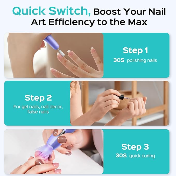 COSLUS Cordless Nail Drill Electric C41(END04): 2-in-1 Nail File with Flash Cure for Acrylic Gel Dip Powder Nails, Stepless Control for Beginner Home DIY, Portable & Professional Pedicure Kit