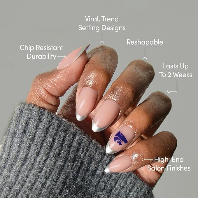 Glamnetic x Fanatics Press On Nails - Kansas State Wildcats | Short Almond Fake Nails, Collegiate Silver French Tips, College Nails, Salon-Quality | 15 Sizes - 30 Nail Kit with Glue