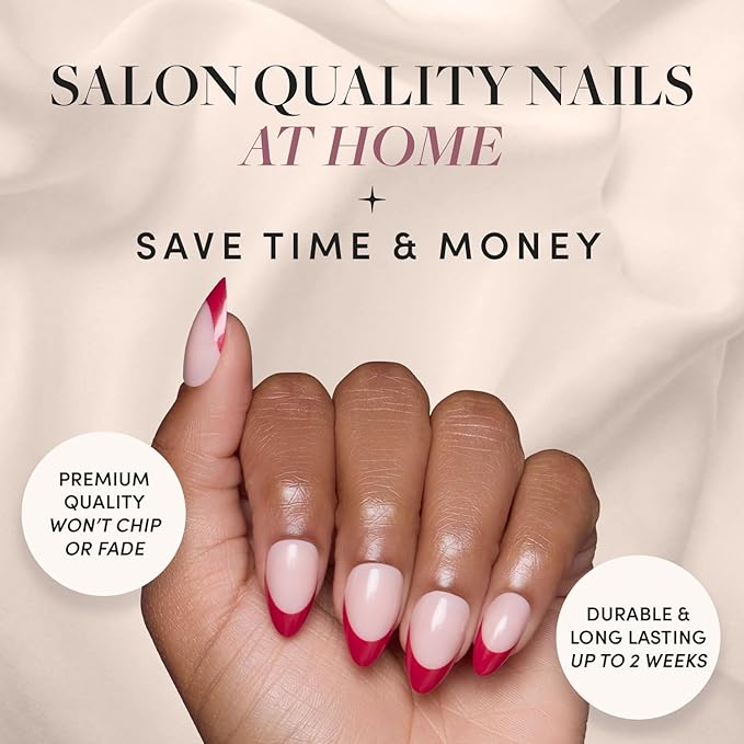 Valentines Day Glamnetic Press On Nails - Rose Garden | Semi-Transparent Red French Tip Short Almond Fake Nails in a Glossy Finish, Salon Quality | 15 Sizes - 30 Nail Kit