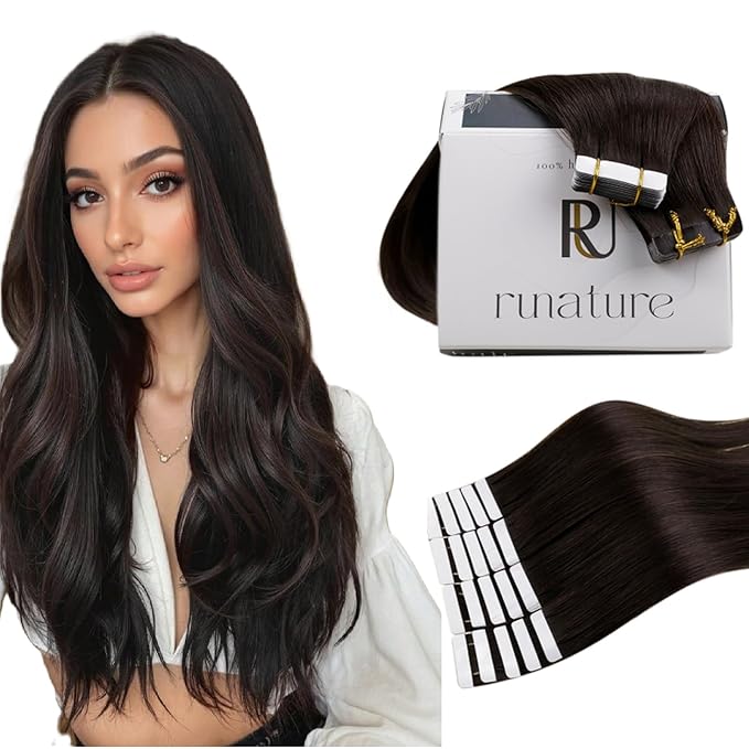 RUNATURE Brown Tape ins Human Hair Extensions 14 Inch Remy Hair Tape in Extensions Straight Tape in Hair Extensions Human Hair Color #2 Dark Brown Glue in Extensions Short Hair Double Sided 40g 20pcs