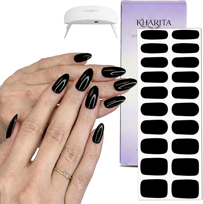 Semi Cured Gel Nail Strips – Real Gel Nail Polish Wraps for Brittle Nails | Waterproof Long Lasting Easy Peel-Off Removal | Hema-Free | 20-Piece Black Salon Kit with UV Lamps