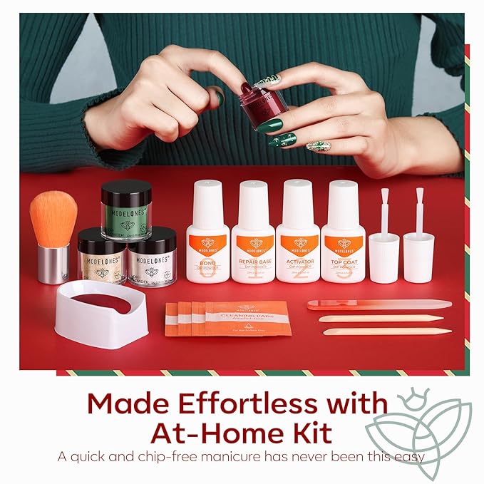 Modelones Christmas Dip Powder Nail Kit, 4 Colors Red Green Gold Glitter Dipping Starter Set with Liquid and Accessories for French Nails Art Salon DIY at Home Manicure