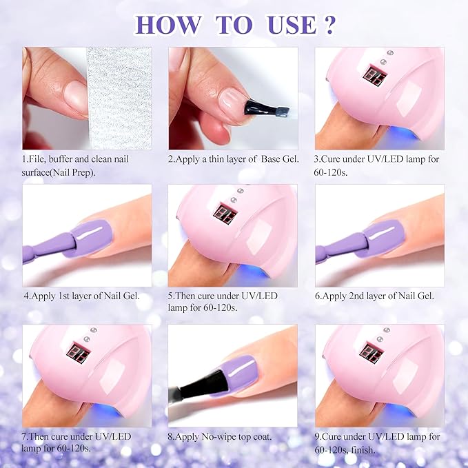 MTSSII Purple Reflective Gel Nail Polish Set, 12 Colors Lavender Violet Sparkly Gel Polish Diamond Shiny Glitter Soak Off Led Nail Polish for Women Girl DIY Nail Art Gift
