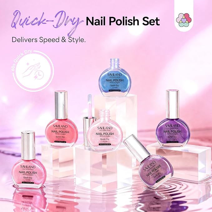 SAVILAND Pearl Nail Polish Set: Quick Dry 12-Free Aurora Nail Polish 6 Shimmer Purple Pink Blue Colors Fingernail Polish Set Summer Vegan Nail Toes Lacquer DIY Nail Art Home Use Christmas Gift Women