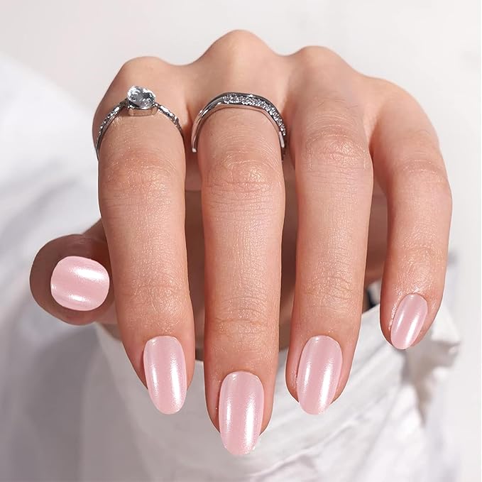 Semi Cured Gel Nail Strips Mirror Pink Gel Nail Stickers 20Pcs Polish Nails Wraps UV/LED Light Needed Gloss Nails Polish Strips for Women Includes Prep Pads, File, Wooden Cuticle Stick