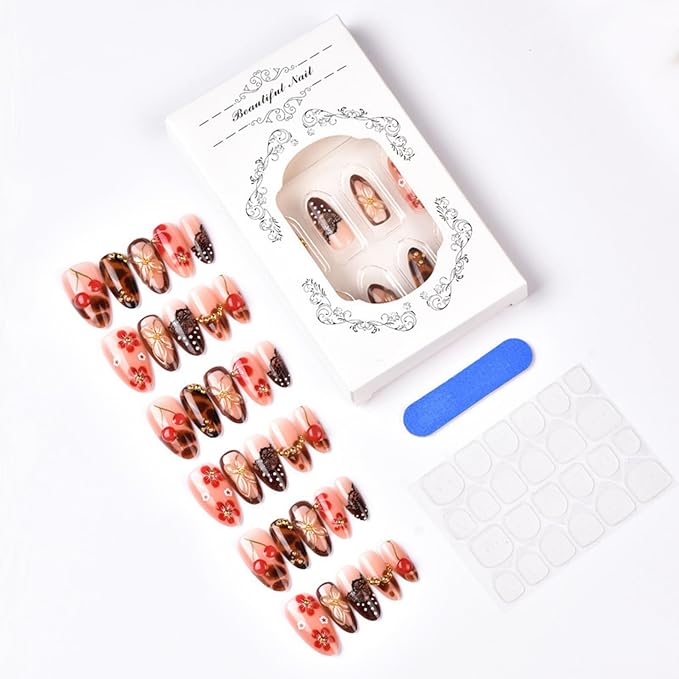 Medium Press on Nails Almond Fake Nails SEENEEY Brown Artificial Nail Red Floral and Gold Charm Designs Cherry Stick on Nail for Women 30pcs