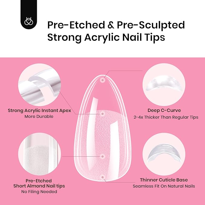 Beetles Tipex Instant Apex Nail Tips Kit, Almond Short, 224Pcs 16 Sizes, with Tipex UV Nail Glue Mini Nail Lamp,Pre-Building & Pre-Etched Thicker Acrylic Nails False Nail Extension