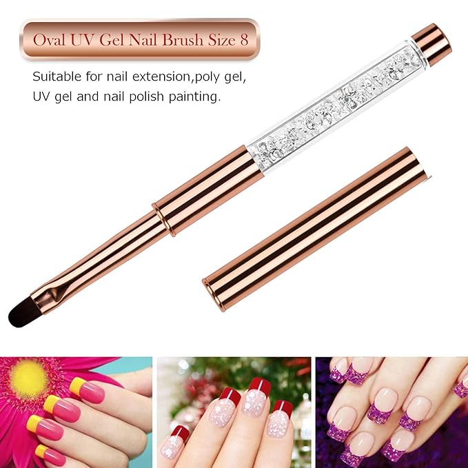 1Pcs Oval UV Gel Nail Brush Rhinestone Handle Professional Nail Art Tools Size 8 Rose Gold