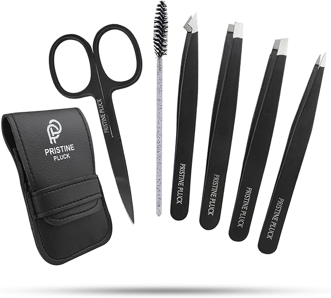 6 Pieces Professional Stainless Steel Tweezers for Eyebrows with Curved Eyebrow Scissors for in Grown Hairs,Precision Tweezers Set for Women & Men Hair Plucker with Fiber Tip