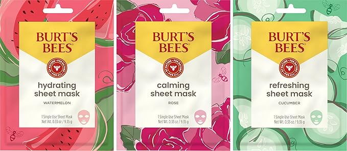 Burt's Bees Face Mask Bundle Set for Valentine's Day, Hydrating Watermelon, Calming Rose, & Refreshing Cucumber, Face Sheet Masks for Single Use Skin Care, 99% Natural Origin, 3 Count, 0.33oz Each
