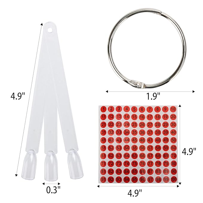 300 Pcs Nail Swatch Sticks with Number Stickers for Color Display, Clear Square-shaped Nail Polish Sample Swatches with Ring