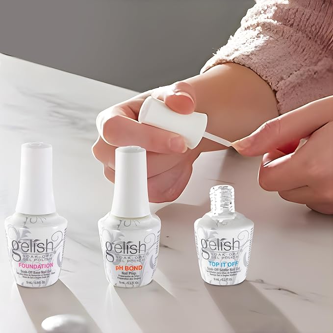 Gelish Mini Terrific Trio Collection 9 mL Soak Off Gel Nail Polish Kit with pH Bond, Foundation Base, and Top It Off