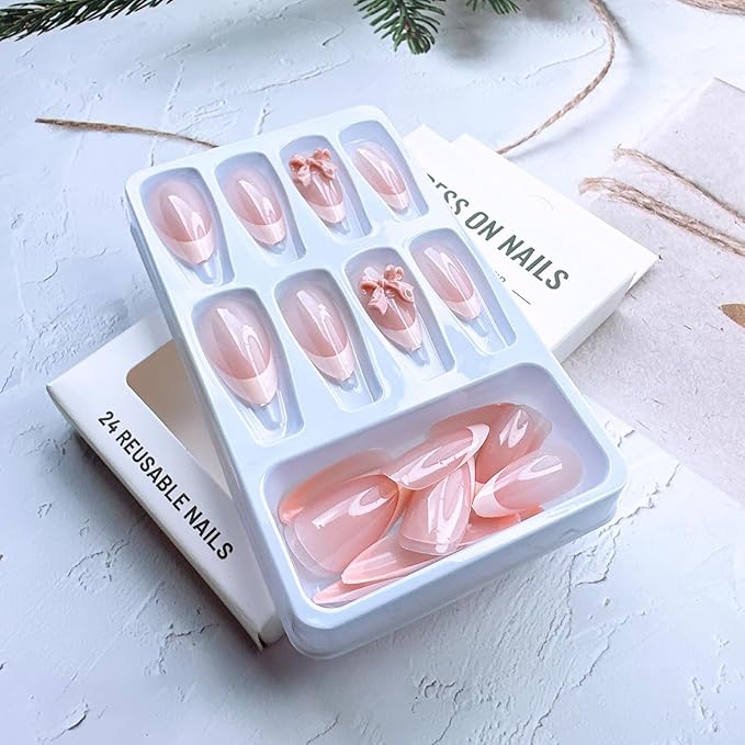 24pcs French Tip Press on Nails Medium Almond Fake Nails with Charms Designs Bow False Nails Stick on Nails Full Cover Glossy Artificial Nails for Women Girl Nail Decoration Supplies
