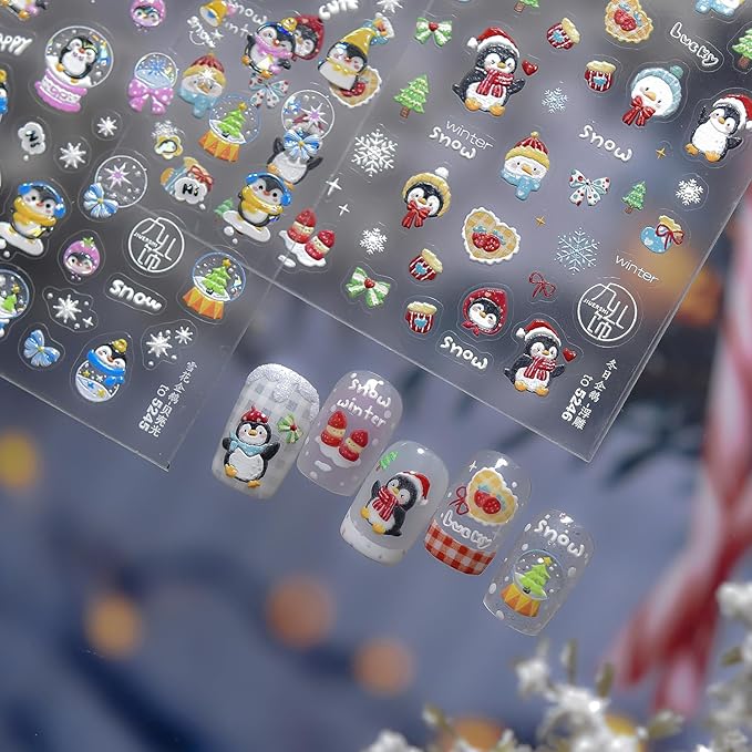 Cute Nail Stickers Penguin Nail Decals Snowflake Nail Art Stickers Winter with Design 5D Embossed Self Adhesive Christmas Nails Sticker for Women Girls Xmas Manicure DIY Decoration