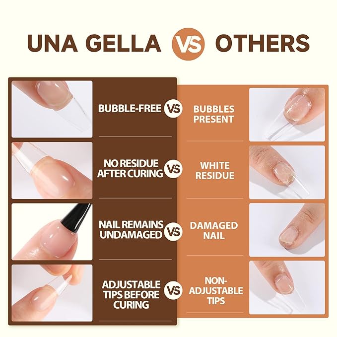 UNA GELLA 6 in 1 Gel Nail Glue for Clear Acrylic Nails Tips, 2Pcs 15ml Super Strong Brush UV Nail Glue Long Lasting Lamp Curing Required for Fake Nails Tips