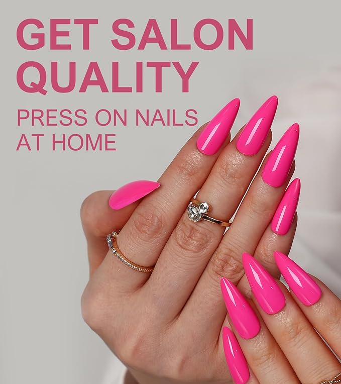 Morily 24Pcs Press on Nails Medium Hot Pink Fake Nails Stiletto Glossy False Nail Tips Artificial Full Cover Stick on Nails for Women
