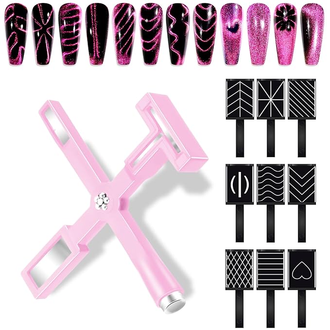 Laza Nail Magnet Set, Super Strong 5-in-1 Nail Magnet Tools with Heart Magnet for Cat Eye Gel Polish and 8 Patterned Magnetic Nail Polish Wands for 9D Galaxy Cat Eye Nail Art, Magnetic Nails
