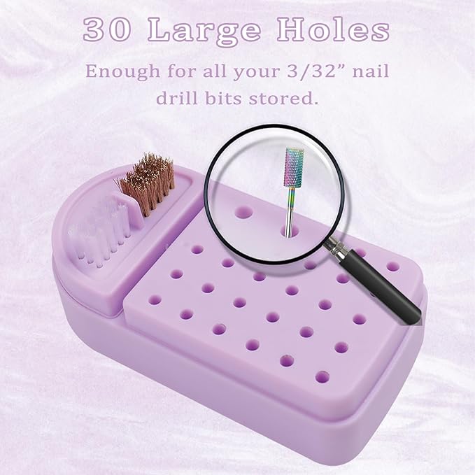 Nail Drill Bits Holder 2 in 1 Nail Drill Bits Cleaning Brush Case, 30 Holes Dustproof Acrylic Nail Drill Holder Storage Box, Nail Drill Bit Holder Stand Displayer Organizer for Home Salon Use (Purple)