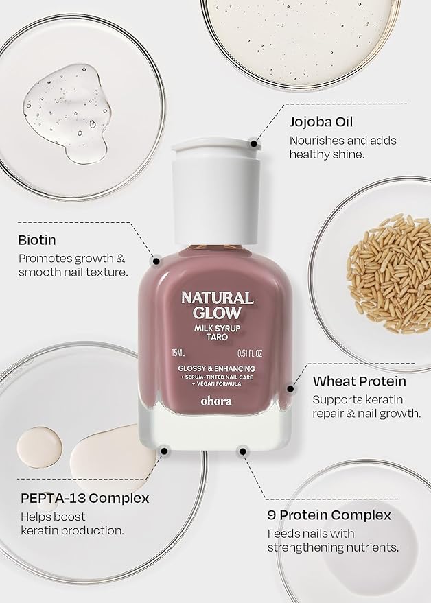 ohora Natural Glow Milk Syrup Nail Strengthener (Taro) - Tinted Nail Hardener for Brittle, Damaged Nails, Quick-Dry Glossy Finish, Nail Repair & Growth, 15 mL
