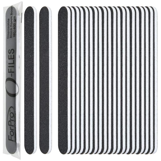 ForPro Professional Collection O-Files Foam Board, Double-Sided Manicure Nail File, 180/400 Grit, Individually-Wrapped, 6” L x .75” W, Black, 100-Count