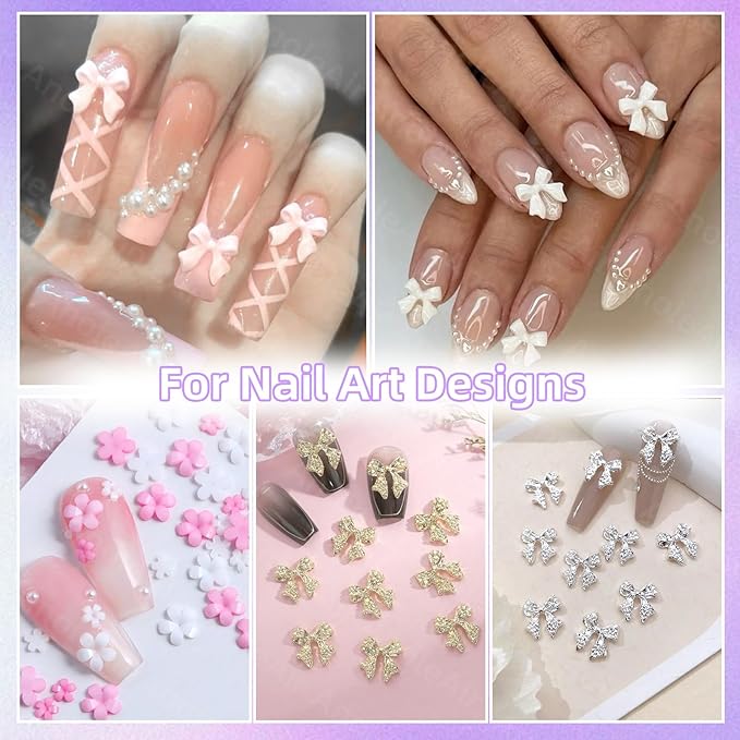 Color Bows Nail Charms Kit, 3D Pearls Gems Set, Gold Silver Nail Bows, Flower Butterfly 3D Asssorted Nail Charms and Gems, Nail Pearls for Nail Art DIY with Pickup Tools
