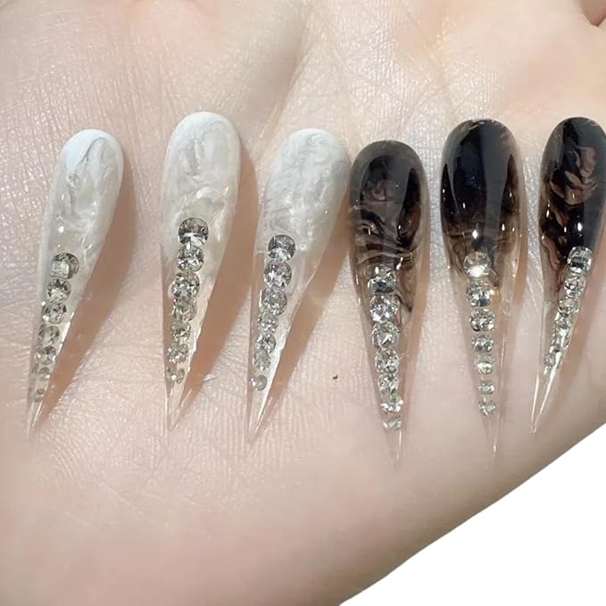 Black White Diamonds Stiletto Press on Nails with Glue Glossy Extra Long False Nails Hand-Painted Designs Handmade Eagle Dragon Cat Claw Unique Reusable Fake Nails