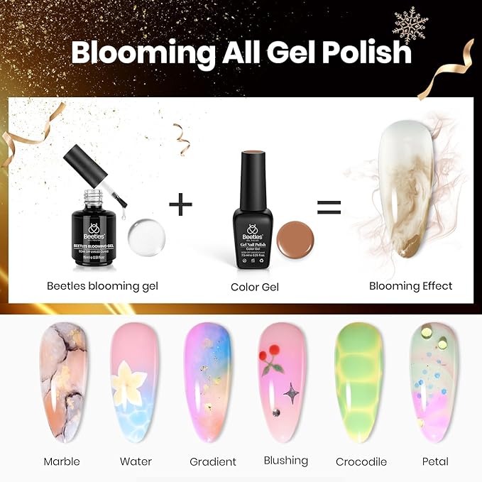 Beetles 100 Colors Gel Nail Polish Set, 119 PCS Kit All Season Cat Eye Pink Blue Jelly with Blooming Gel 15ml Clear Uv Led Blossom Nails for Spreading Effect Marblee