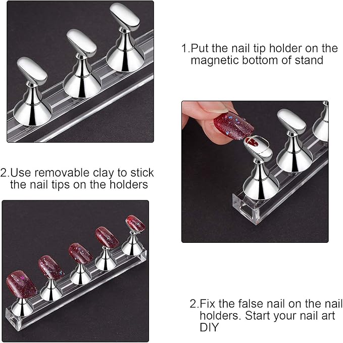 4-in-1 Acrylic Nail Display & Practice Stand - Magnetic Tip Holder in Gold, Silver, Black & White