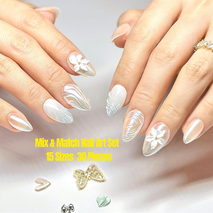 Handmade Press On Nails Short Almond Ivory Pearl Shimmer Nails with 3D White Flower. Natural Elegant Reusable Set (15 Sizes, 30 Nails + Glue) | Designed in L.A, Made in Vietnam| PEARL PROMISE