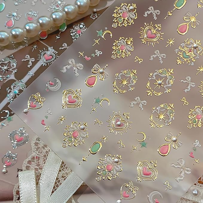 5D Embossed Gemstone Nail Stickers Self-Adhesive Valentines Nail Art Stickers Gold Heart Bow Moon Gems Designs Shiny Luxury Nails Art Supplies Cute Nail Decals for Women Manicure Decorations DIY