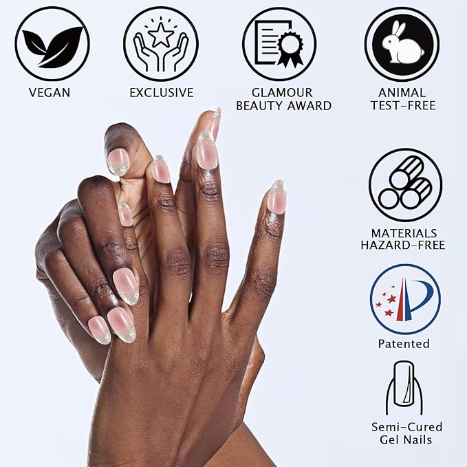 Blush Pink Semi Cured Gel Nail Strips French Tip 20Pcs Glitter UV Gel Nail Stickers Glossy Nails Polish Strips UV/LED Light Needed Self Adhesive Full Polish Nails Wraps for Women
